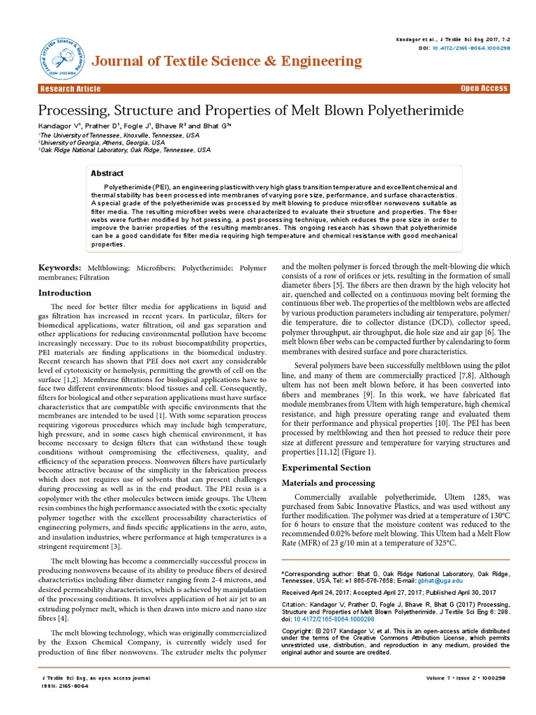 Processing Structure and Properties of Melt Blown Polyetherimide 2165 ...