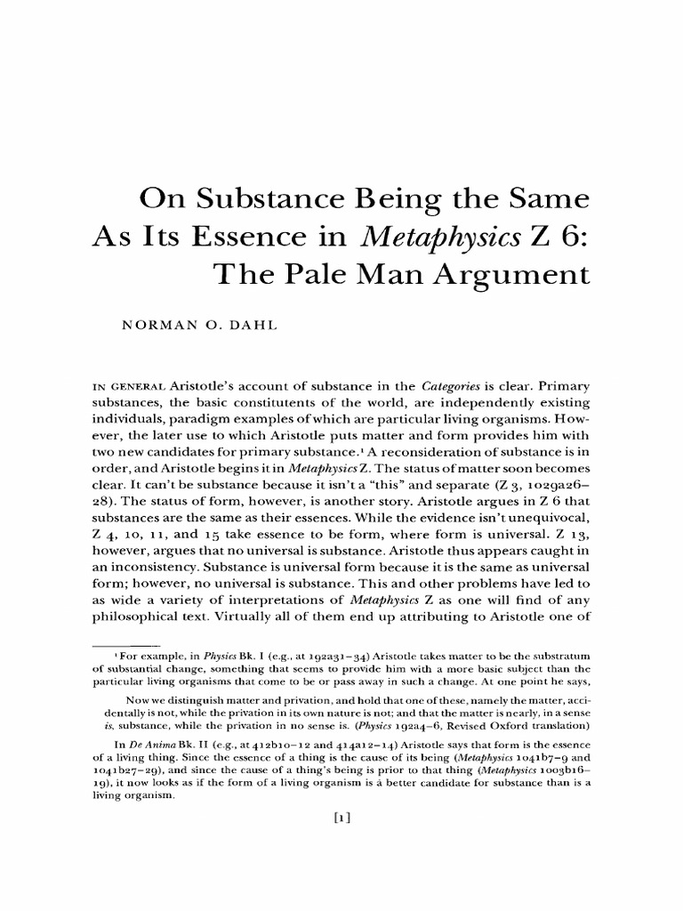 Metaphysics On Substance Being The Same As Its Essence in Z 6 The Pale Man Argument PDF