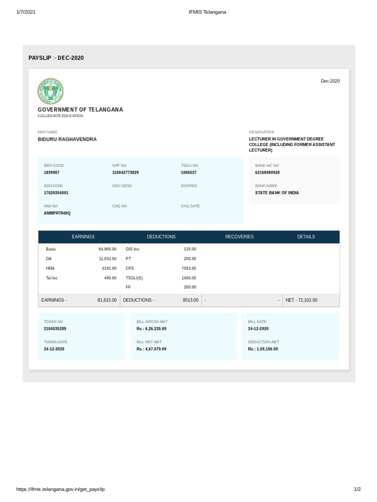 Telangana Employee Pay Slip - Dec 2020 | PDF
