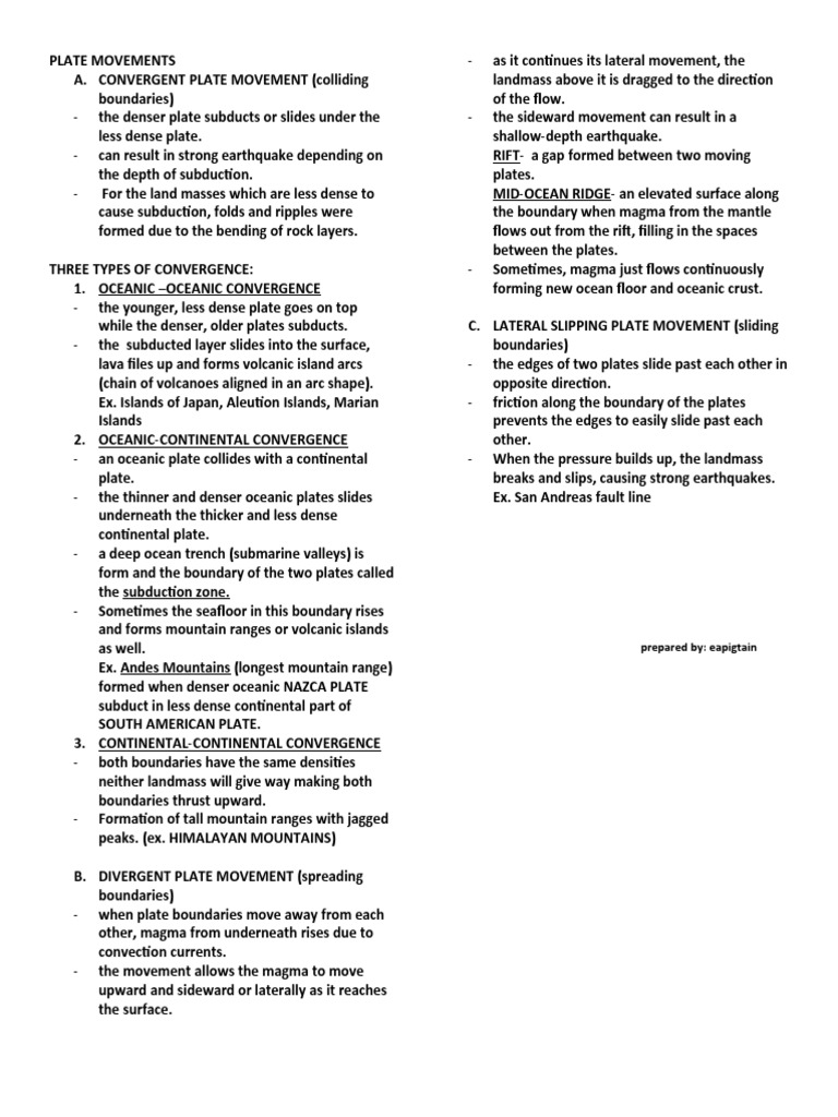 Plate Movements Handouts Pdf Plate Tectonics Mountains
