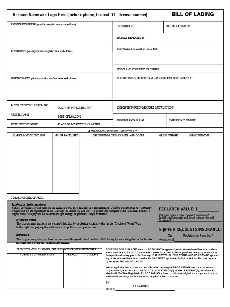 Bill of Lading Template for Export | PDF | Cargo | Bill Of Lading