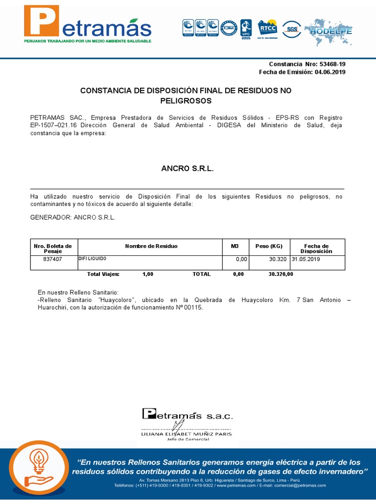 Anexo 03 Certificado de Disposicion Final de Residuos Liquidos PDF Gestión de residuos