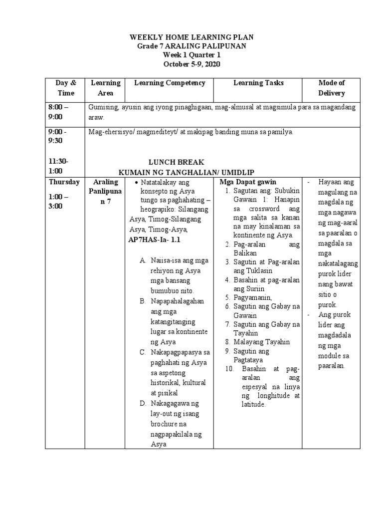 Weekly Home Learning Plan Grade 7 Araling Panlipunan 4 | PDF