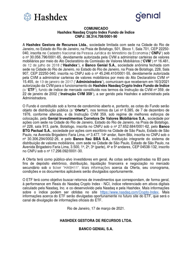 Autorização do ETF Hashdex Nasdaq Crypto | PDF | Câmbio de fundo comercial  | Investimentos