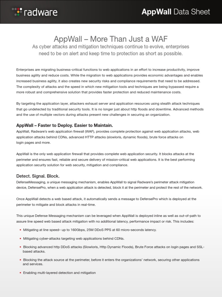 Radware AppWall Data Sheet | PDF | World Wide Web | Internet & Web