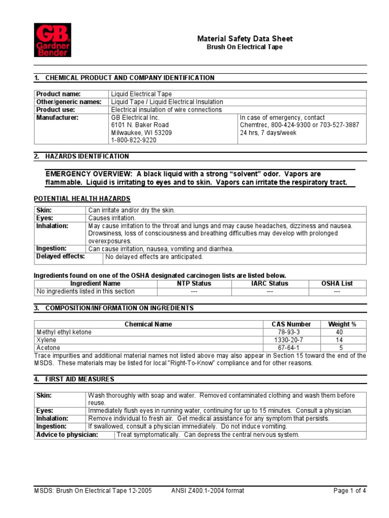 Brush On Electrical Tape Msds PDF Firefighting Resource