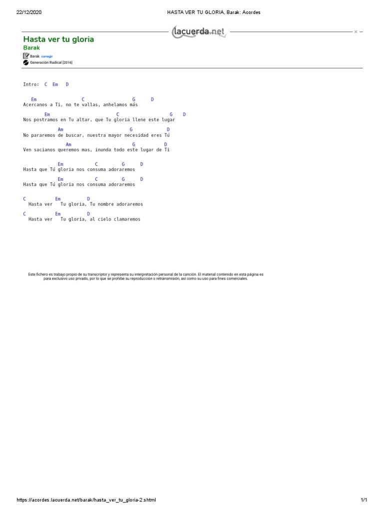 HASTA VER TU GLORIA, Barak Acordes PDF