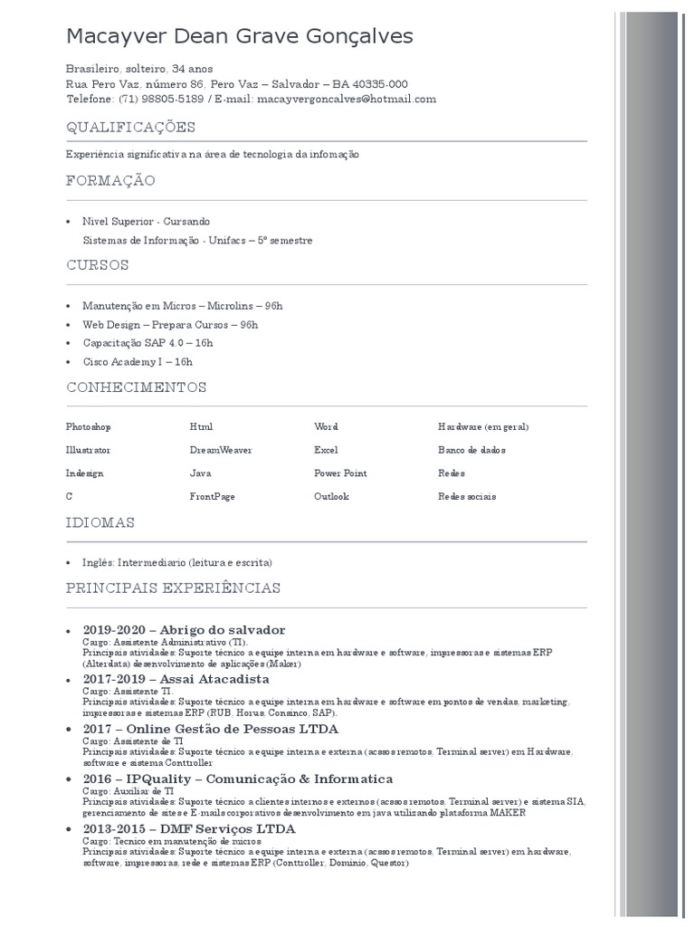Curriculo - Macayver | PDF | Carreira e Crescimento | Negócios