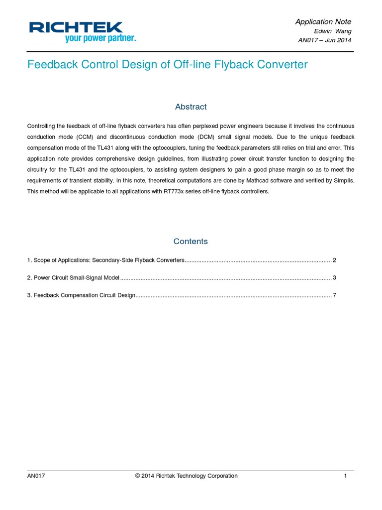 Feedback Control Design of OffLine Flyback Converter Application Note