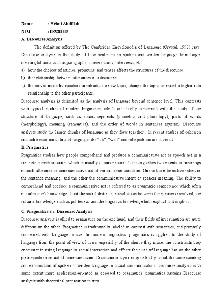 Discourse Analysis Vs Pragmatics | PDF | Semantics | Discourse