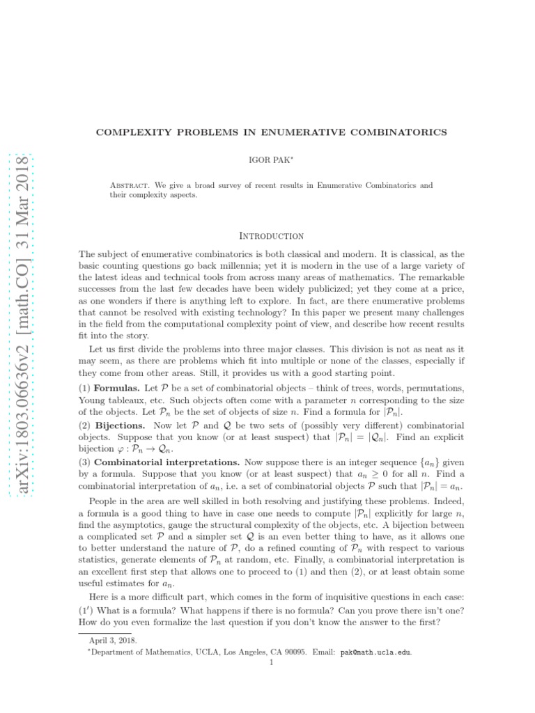 Complexity in Enumerative Combinatorics | PDF | Combinatorics | Time ...