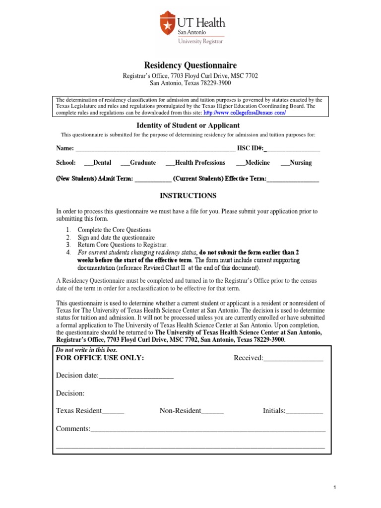 Residency Questionnaire Identity of Student or Applicant PDF