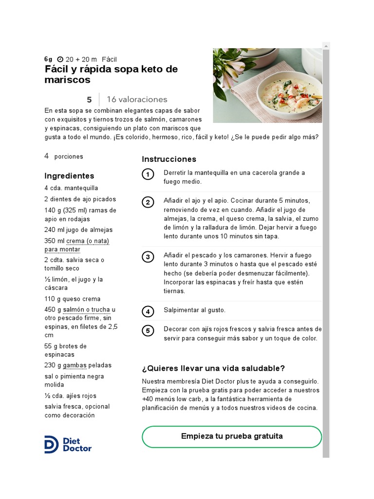 Receta Keto - Dieta Cetogenica - Fácil y Rápida Sopa Keto de Mariscos -  Diet Doctor | PDF | Sopa | Crema