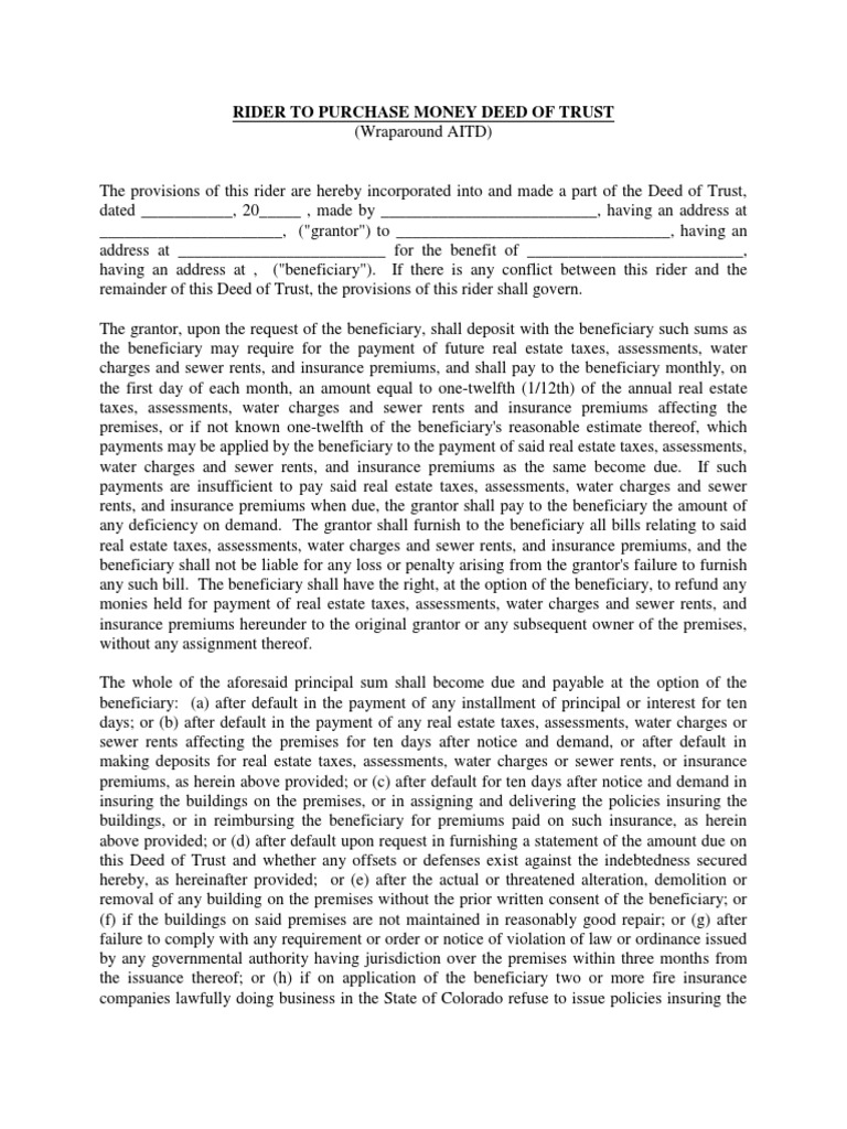 Wraparound Rider To Deed of Trust | PDF | Trust Law | Mortgage Law