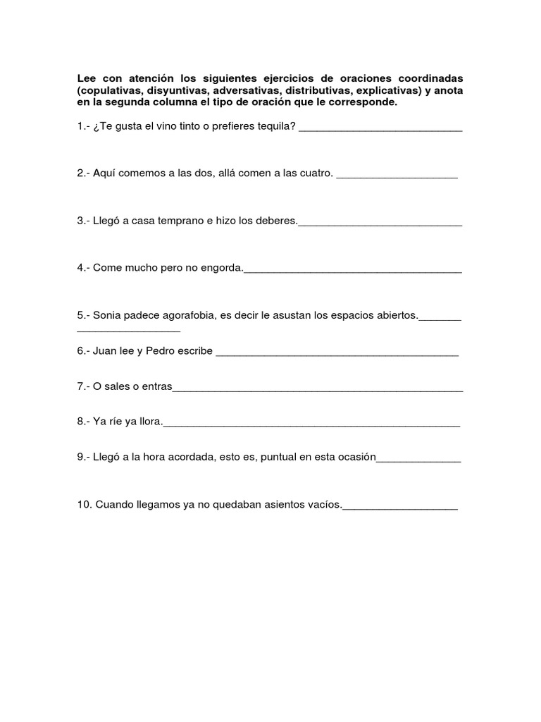 Ejercicios de Oraciones Coordinadas y Subordinadas | PDF | Artes del ...