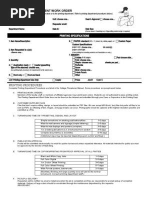 printing dept work order