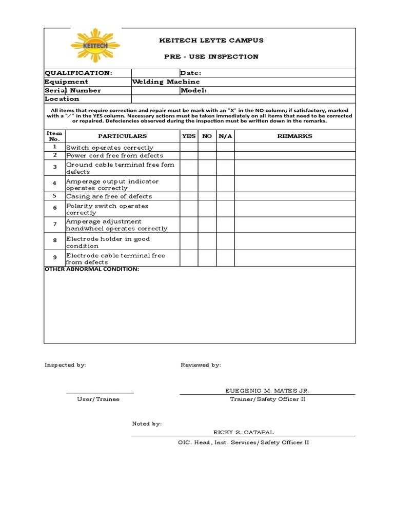 Pre - Use Inspection Qualification: Date: Equipment Welding Machine ...