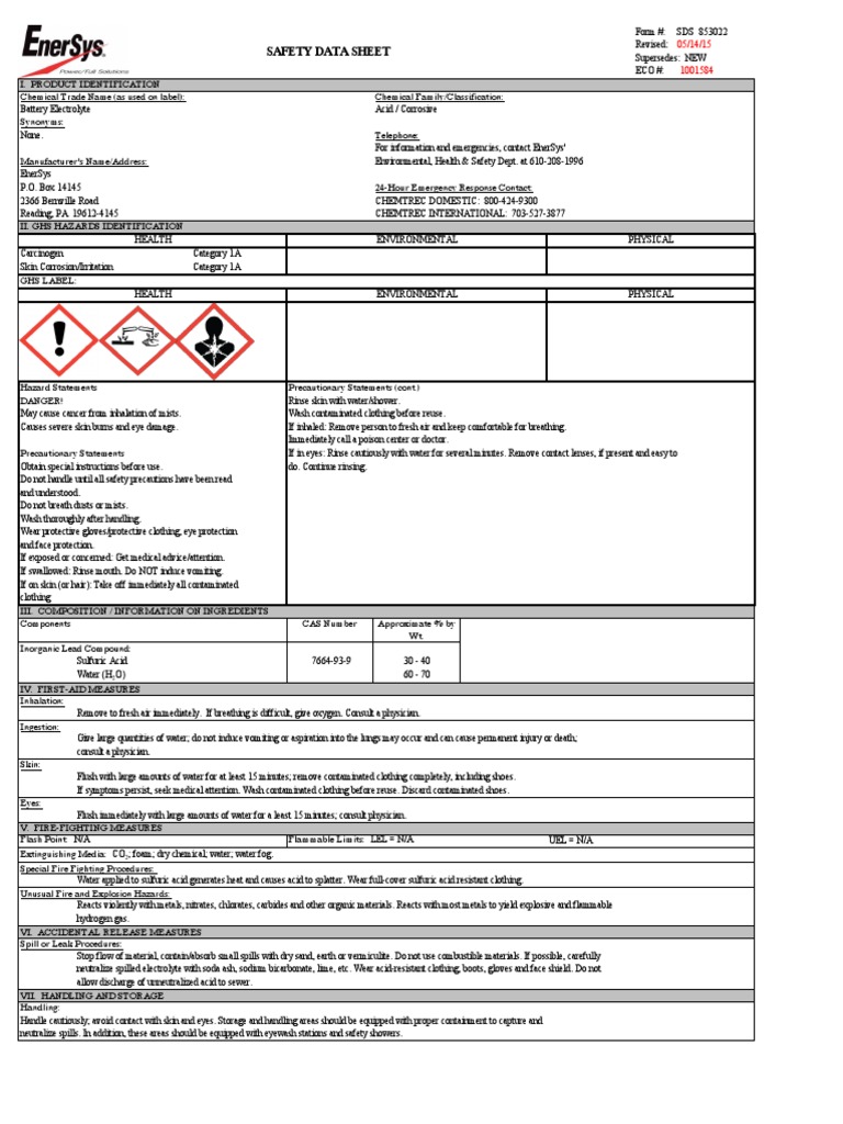 MSDS Battery Electrolyte PDF Dangerous Goods Sulfuric Acid