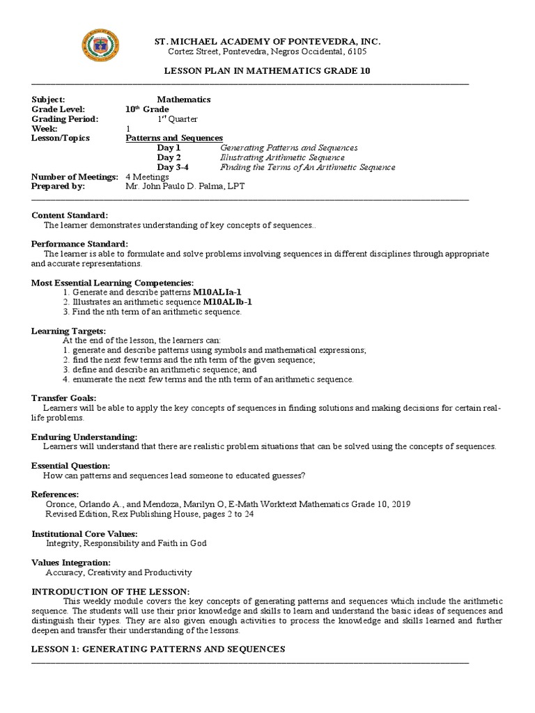 Grade 10 Math Lesson Plan: Patterns & Sequences | PDF | Sequence ...