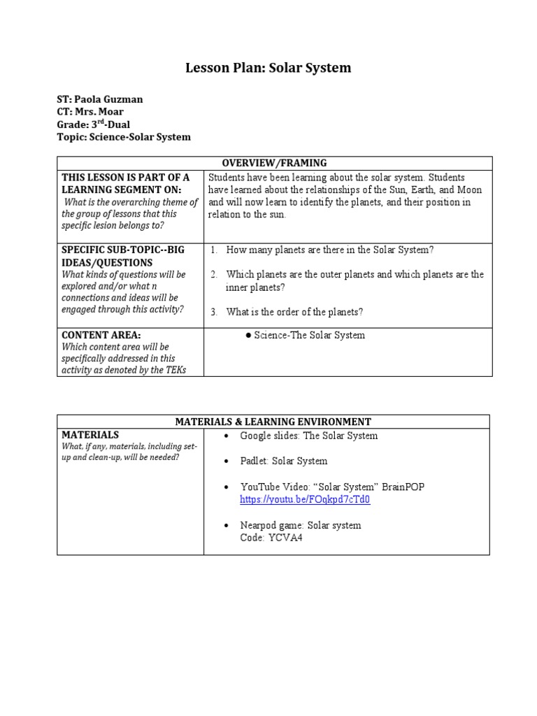 3rd Grade Solar System Lesson Plan | PDF | Planets | Solar System