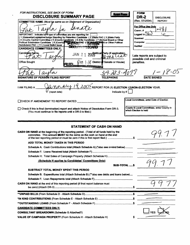Disclosure Summary Page DR-2 I: For Instructions, See Br4Ck of Form ...