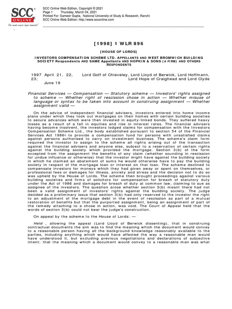 Investors Compensation Scheme v. West Bromwich Building Soc. (1998) 1 W