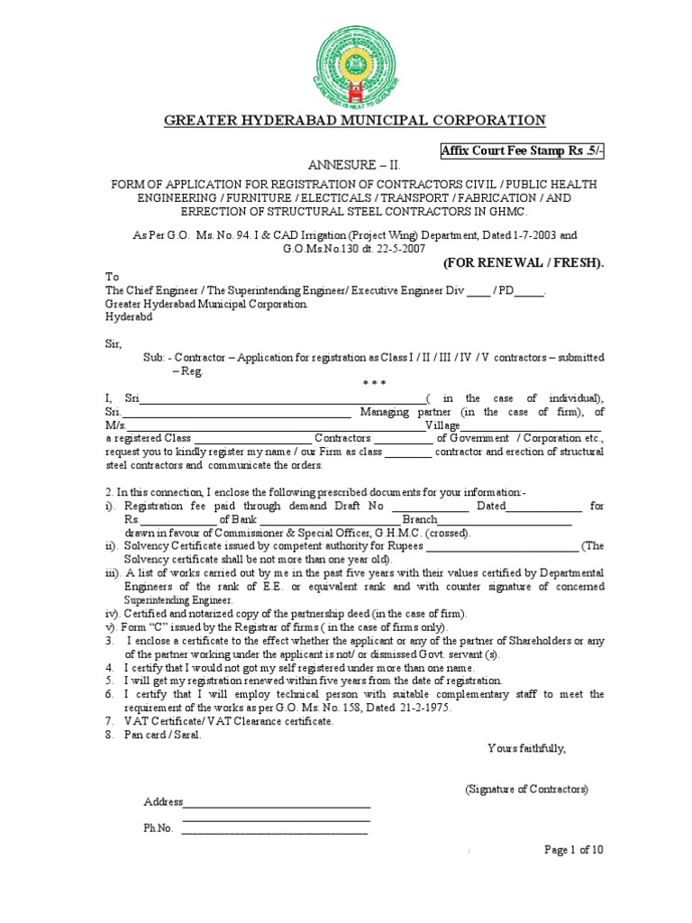 GHMC Contractor Registration Guidelines | PDF | Partnership | Notary Public