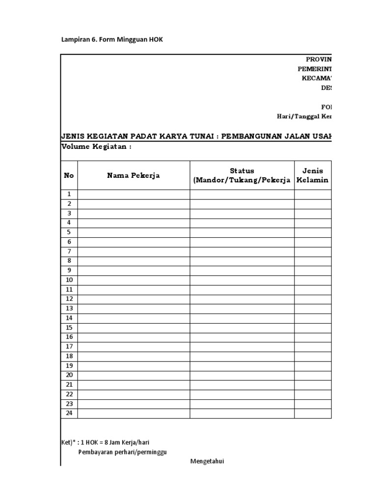 Format HOK Pekerja Harian Proyek | PDF