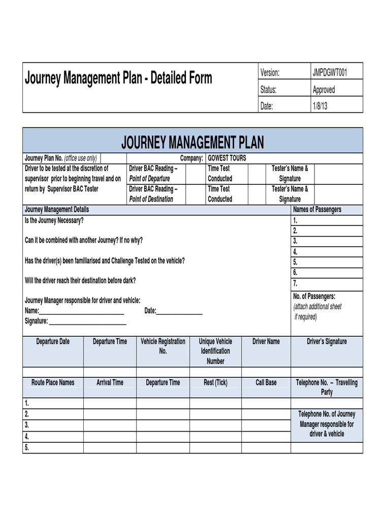 Journey Management Plan Template | PDF | Road | Vehicles