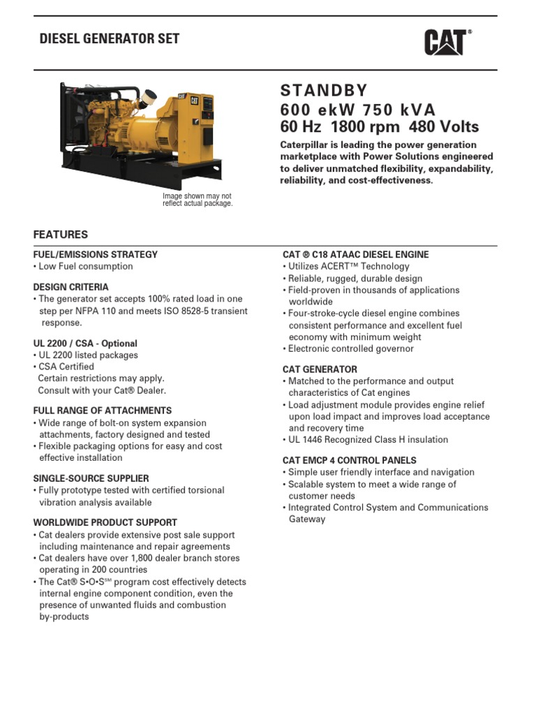 Caterpillar 600 KW CAT C18 Spec Sheet PDF Exhaust Gas Engines