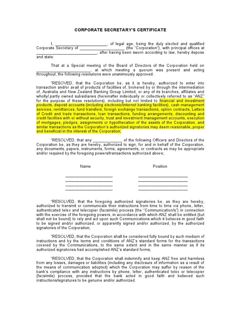 Secretary Certificate Template PDF Financial Services Business Law