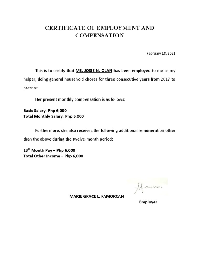 Certificate of Employment and Compensation PDF
