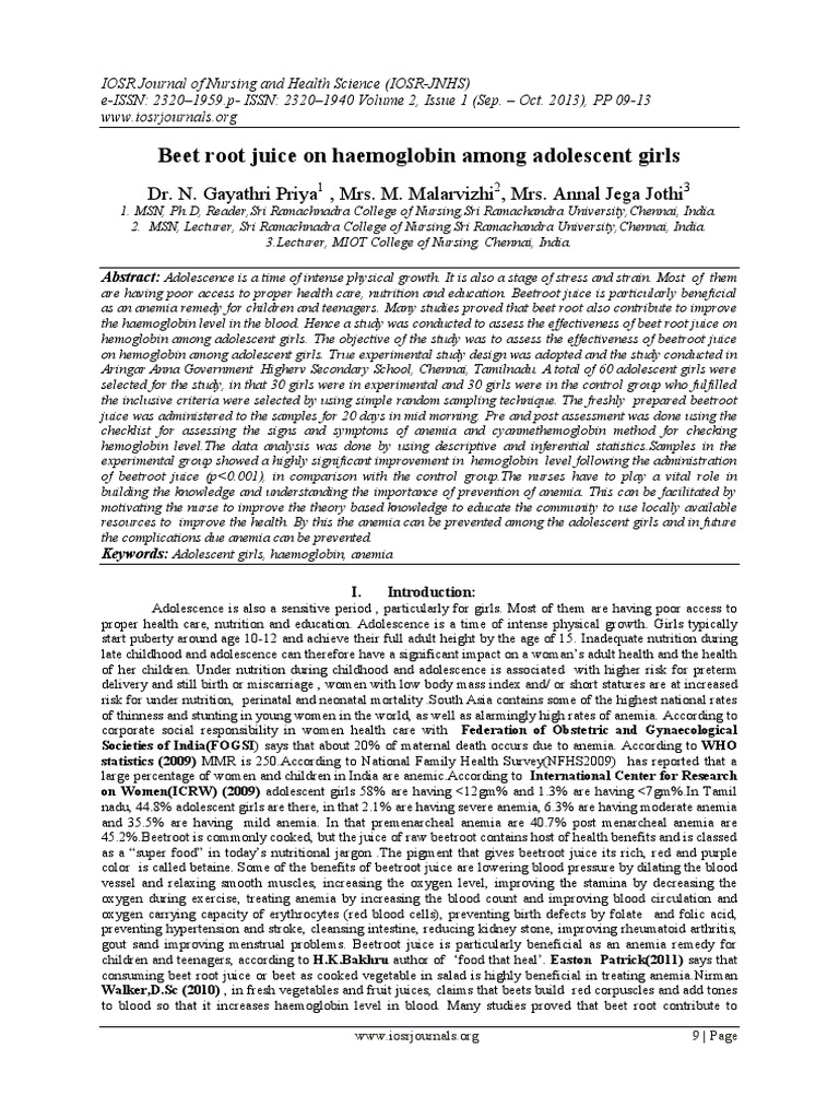 Beet Root Juice On Haemoglobin Among Adolescent Girls PDF Beetroot