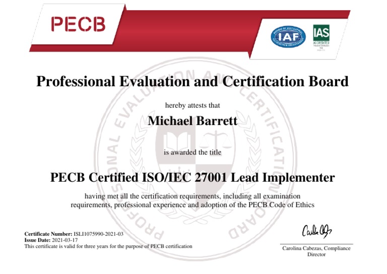 ISO 27001 Lead Implementer Certificate PDF