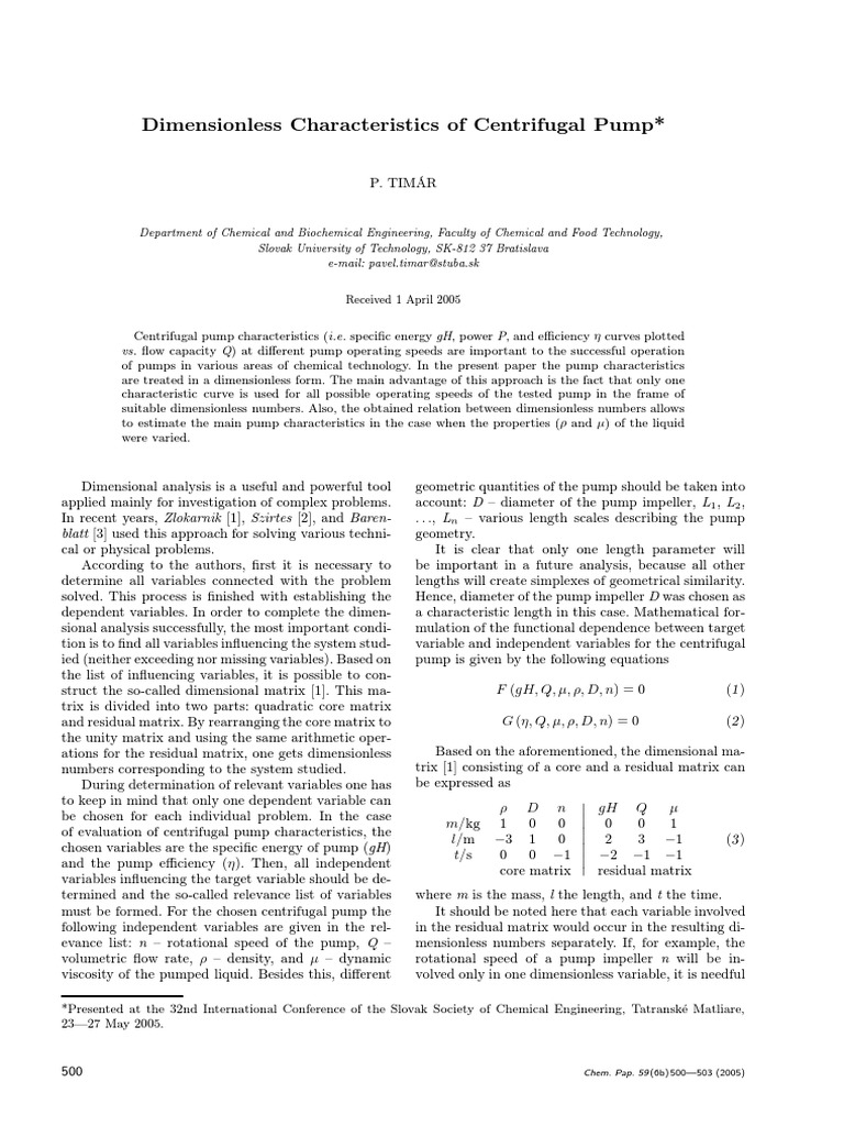Dimensionless Characteristics of Centrifugal Pump PDF Pump Matrix