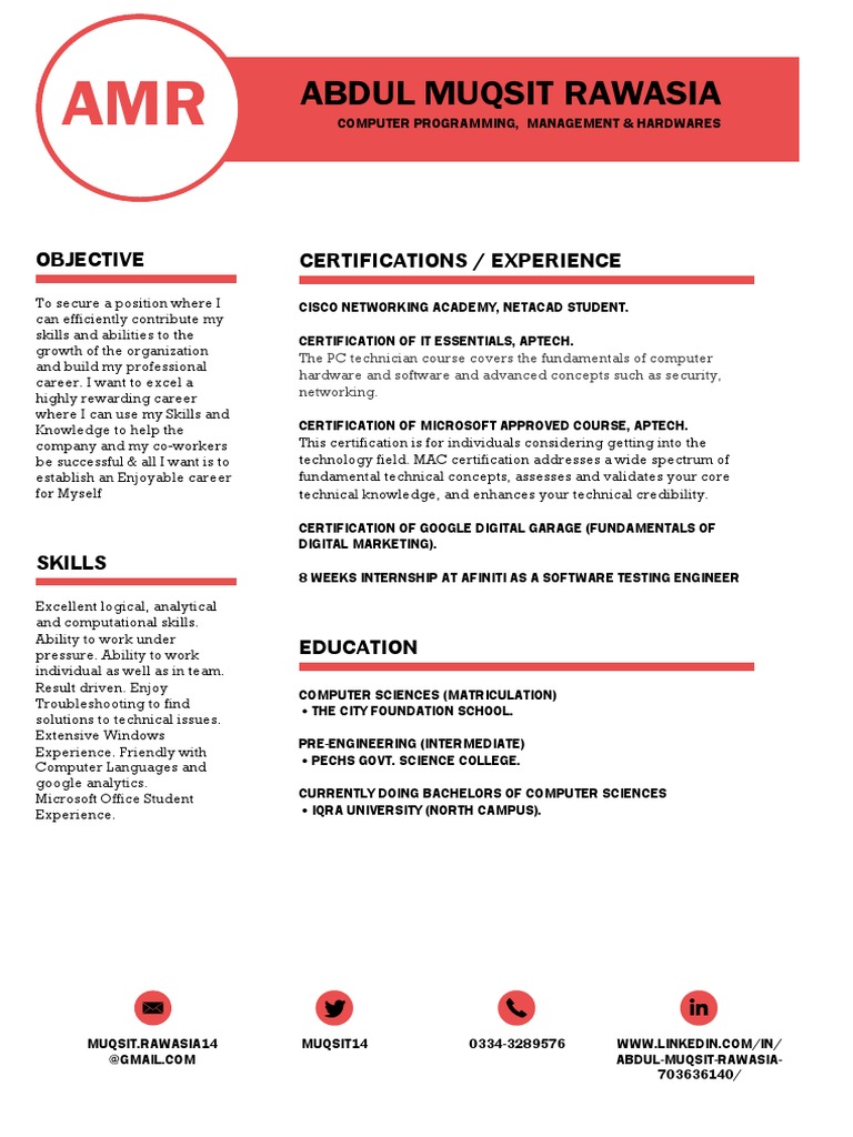 Abdul Muqsit Rawasia: Objective Certifications / Experience | PDF ...
