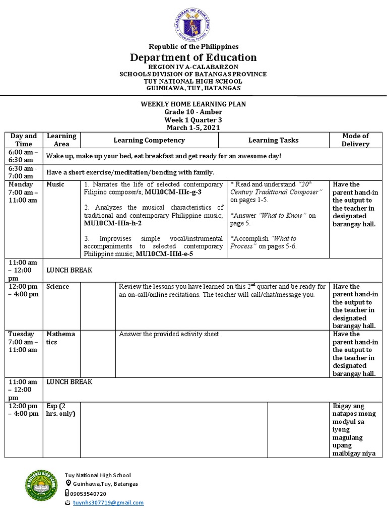 Grade 10 Weekly Learning Plan - Tuy HS | PDF | Teaching | Cognition
