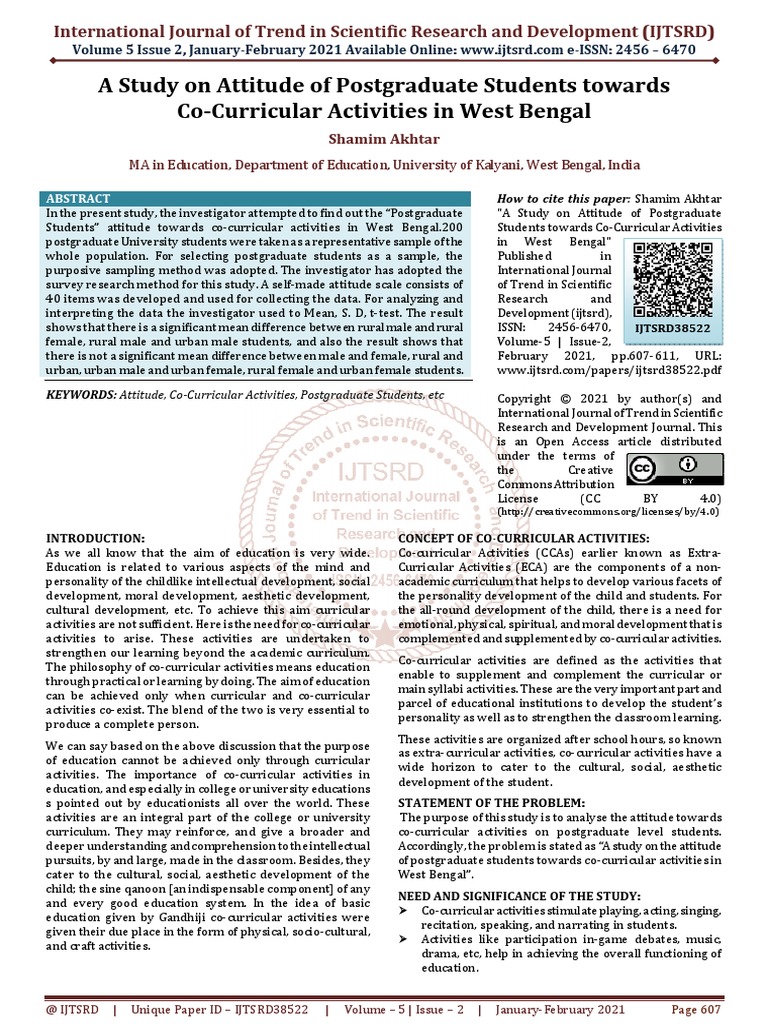 A Study On Attitude of Postgraduate Students Towards Co Curricular ...