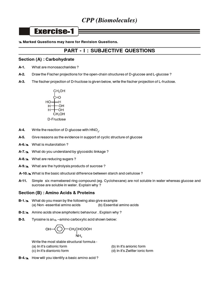 CPP (Biomolecules) Part I Subjective Questions PDF Glucose