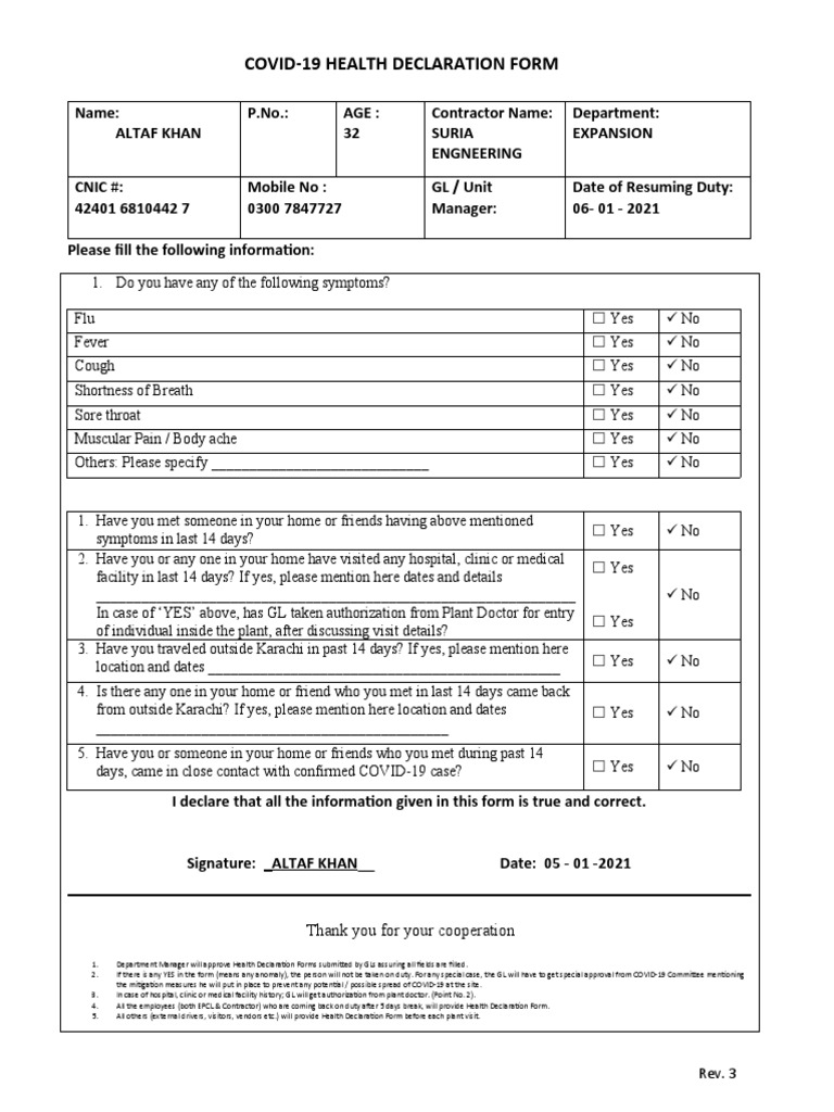 Health Declaration Form | PDF | Health Care | Respiratory Diseases