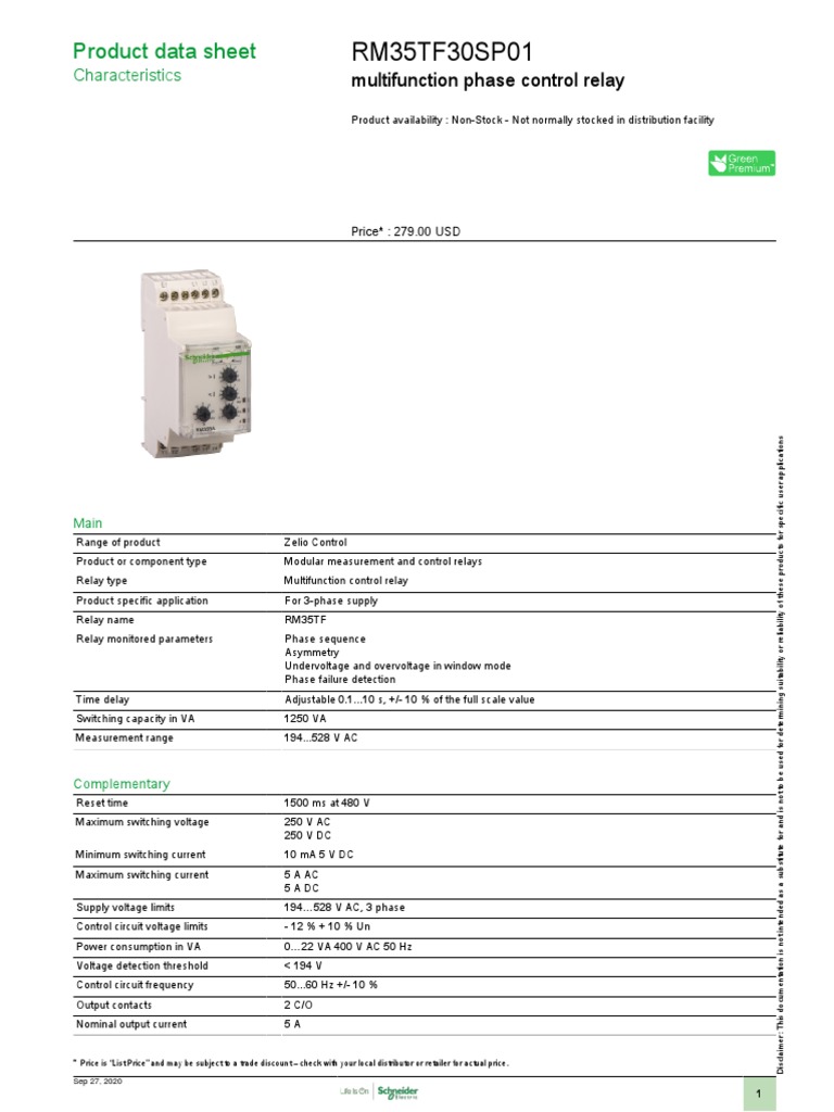 RM35TF30SP01: Product Data Sheet | PDF | Relay | Alternating Current