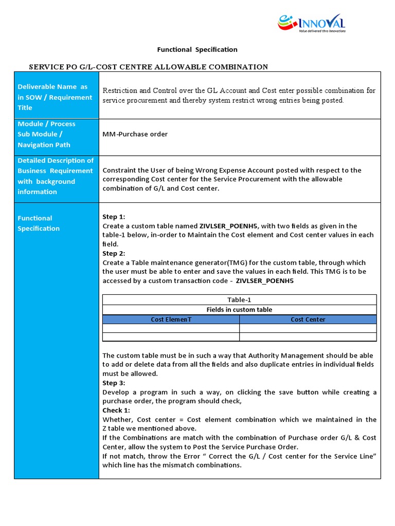 Service PO GL & Cost Center Combination | PDF | Cost | Specification ...
