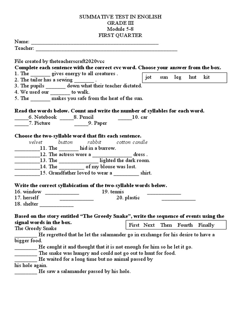 Grade III Summative Assessment: Module 5-8 | PDF