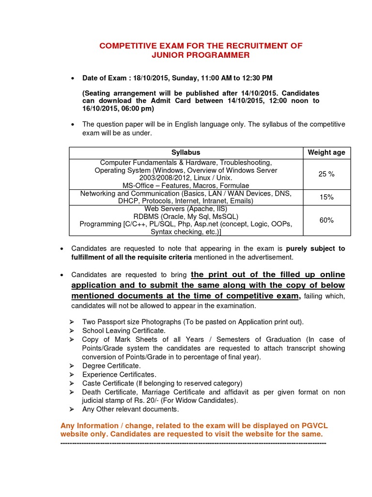 Information Regarding Exam For The Post of Junior Programmer | PDF ...