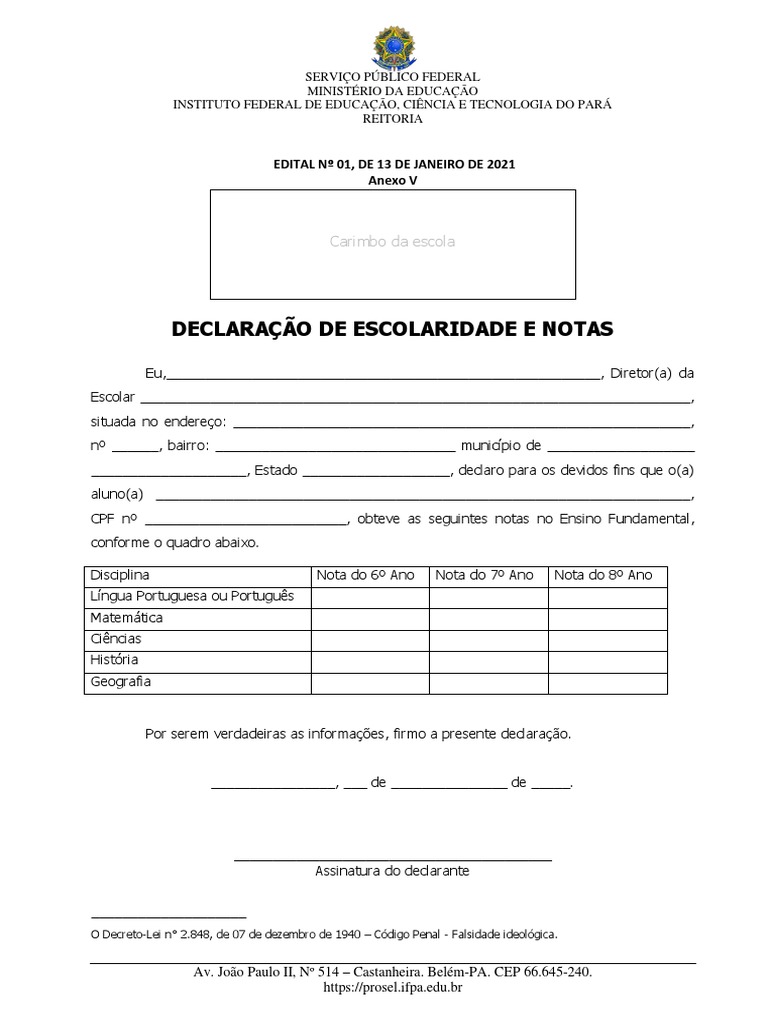 Declara o De Escolaridade E Notas PDF