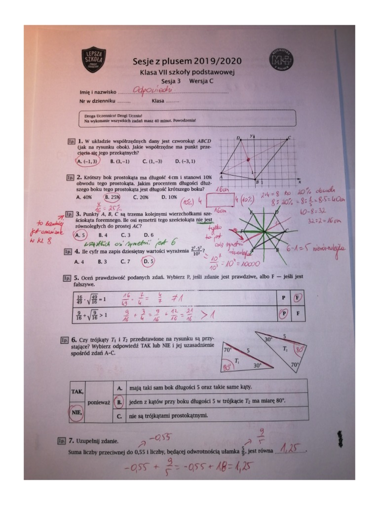 Sprawdzian Matematyka Klasa 7 Dział 1