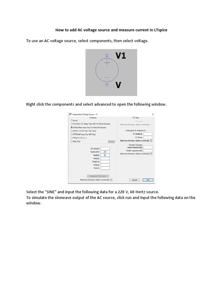 How To Add AC Voltage Source and Measure Current in LTspice | PDF