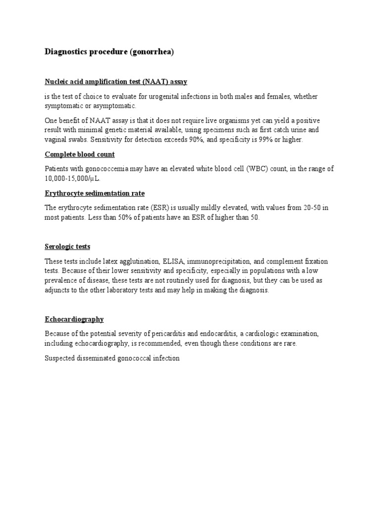 Diagnostic Procedures and Laboratory Tests for Gonorrhea Infection PDF