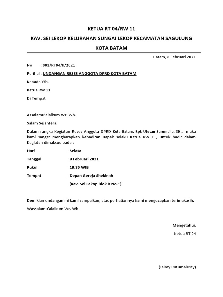 Undangan Reses Anggota DPRD Batam | PDF