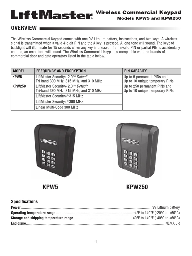 Liftmaster Keypad Kpw5 Kpw250 Gate Manual PDF Personal